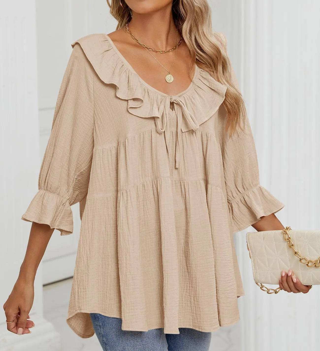 ⏰Hot Sale-3/4 Sleeve Scoop Neck Tie Front Ruffle Tiered Peplum Loose Blouse Tops