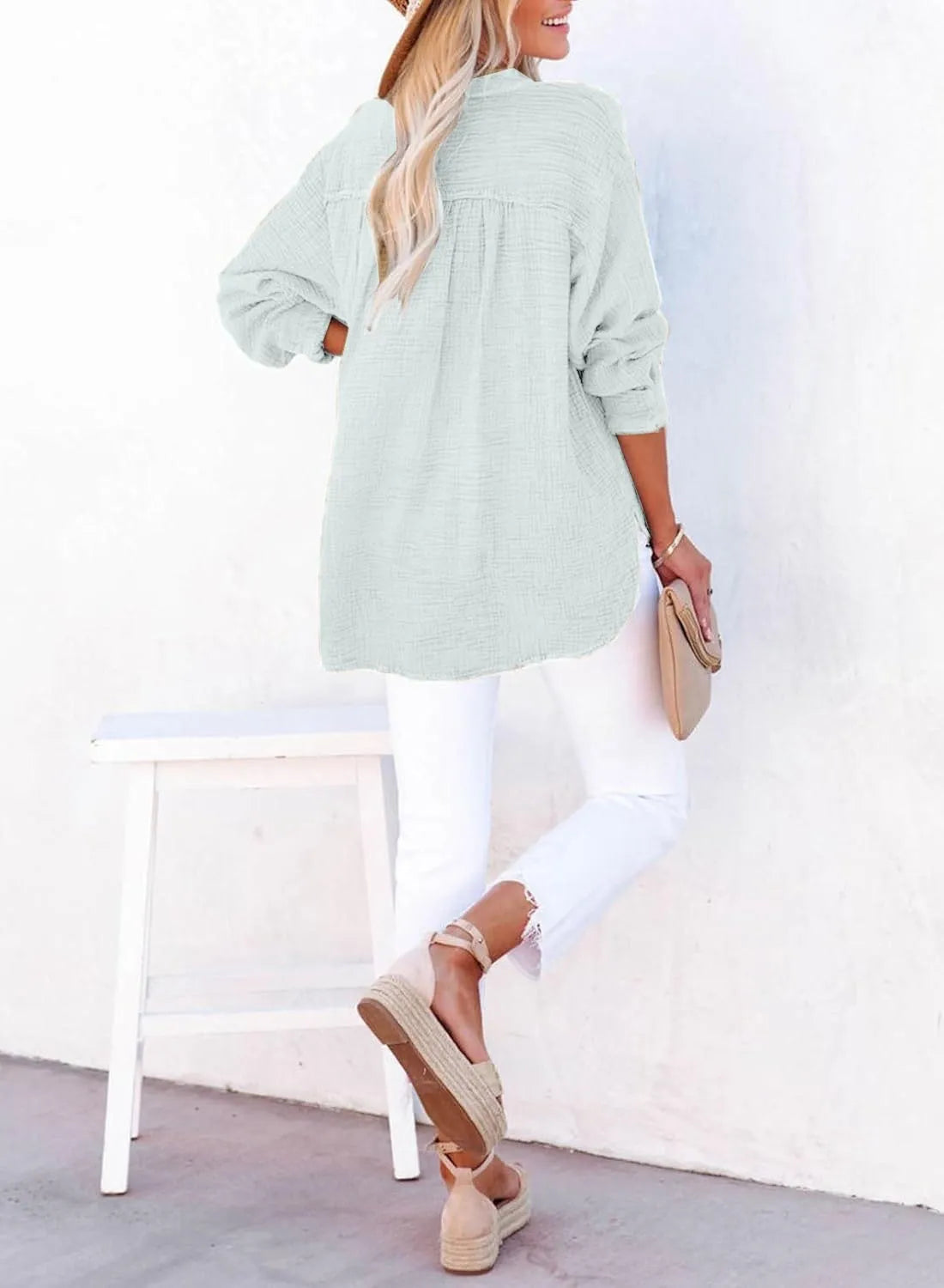 Womens Casual Gauze Button Neck Long Sleeve Oversized BlousesTops