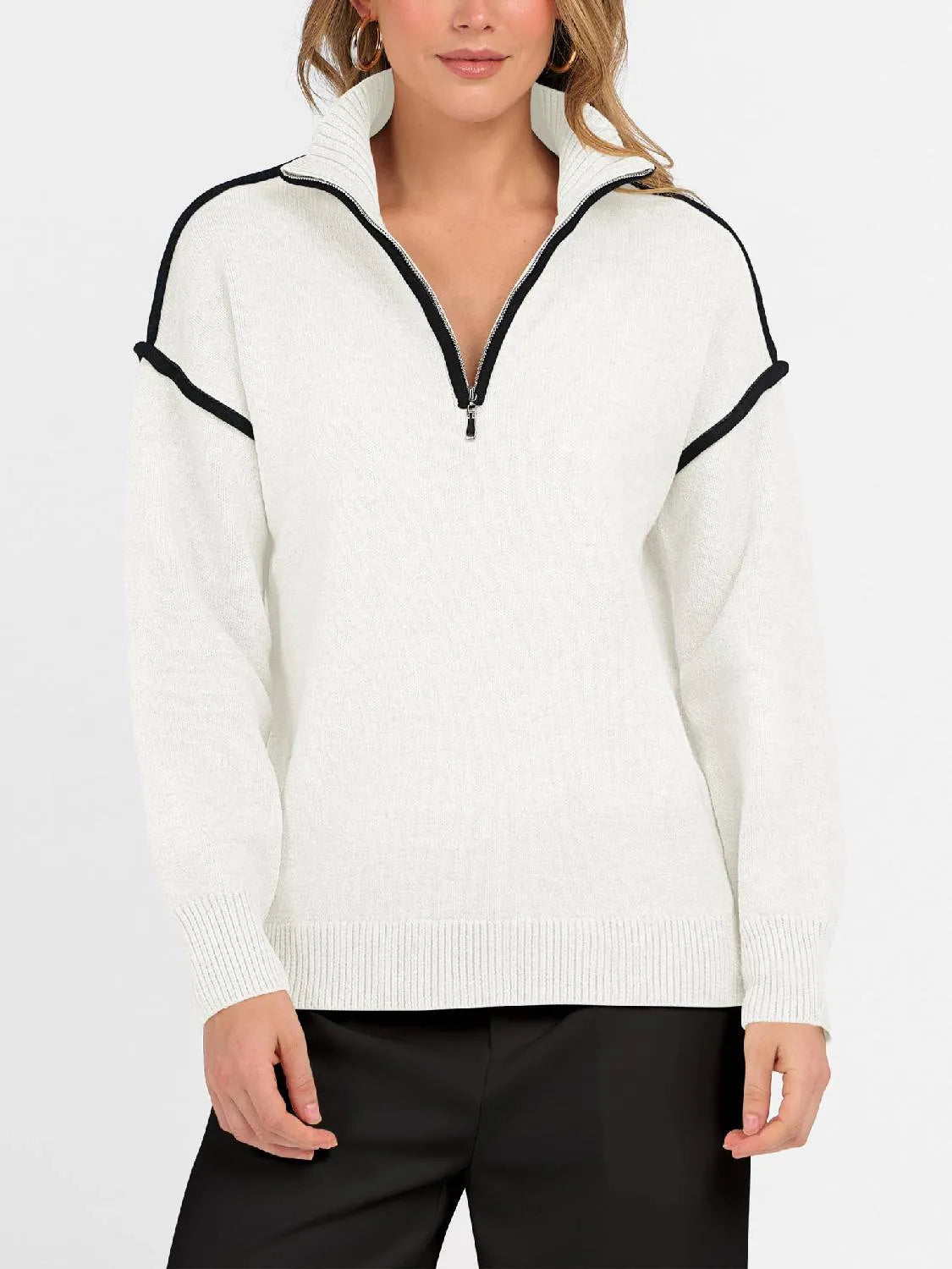 Womens Quarter Zip V Neck Collared Knit Pullover Sweatshirts