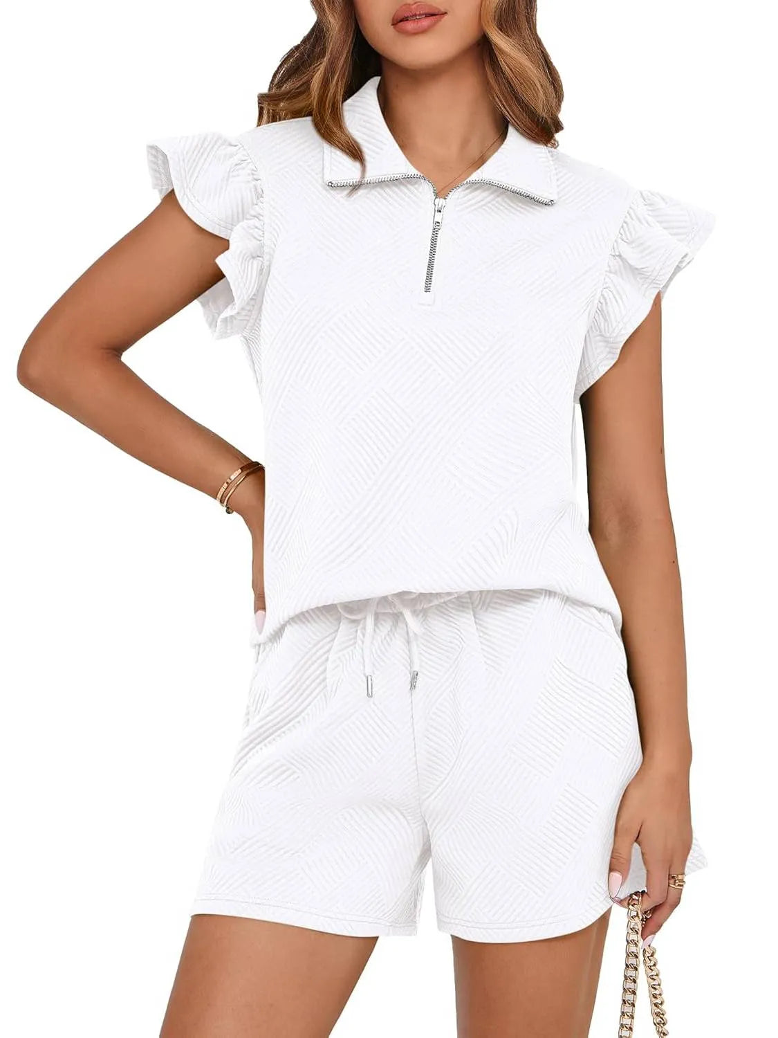 Women's Zipper V Neck Casual Ruffle Short Sleeve Tops and Drawstring Shorts 2 Piece Outfits