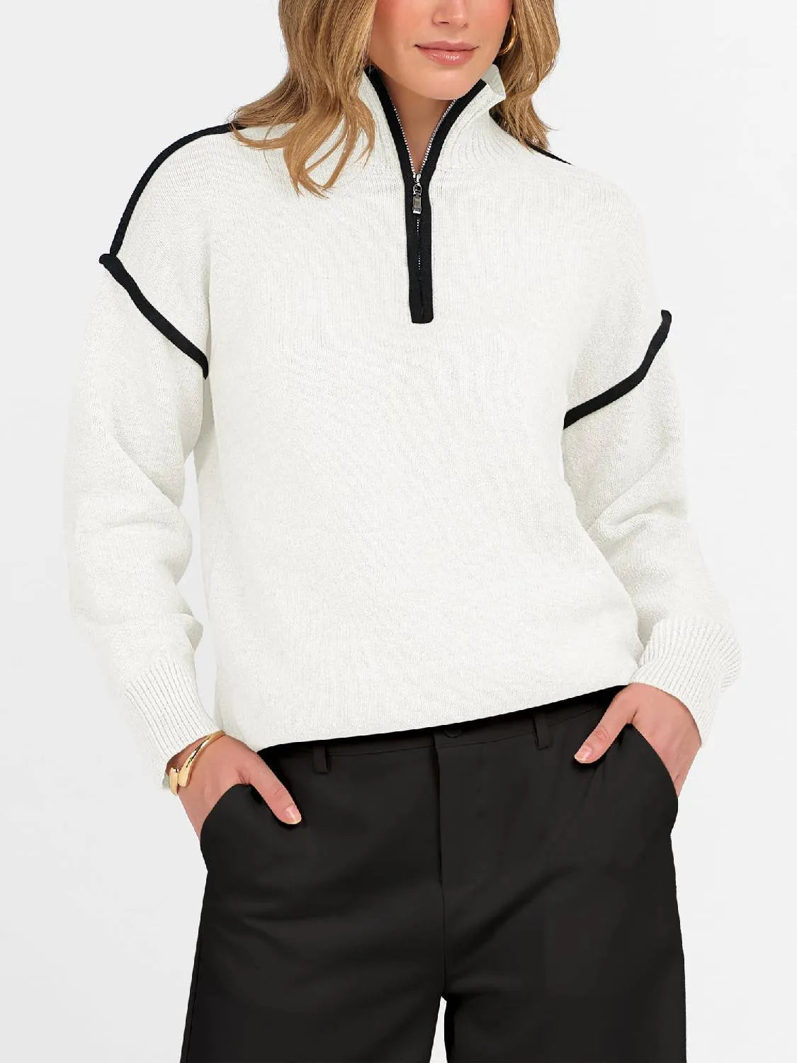 Womens Quarter Zip V Neck Collared Knit Pullover Sweatshirts