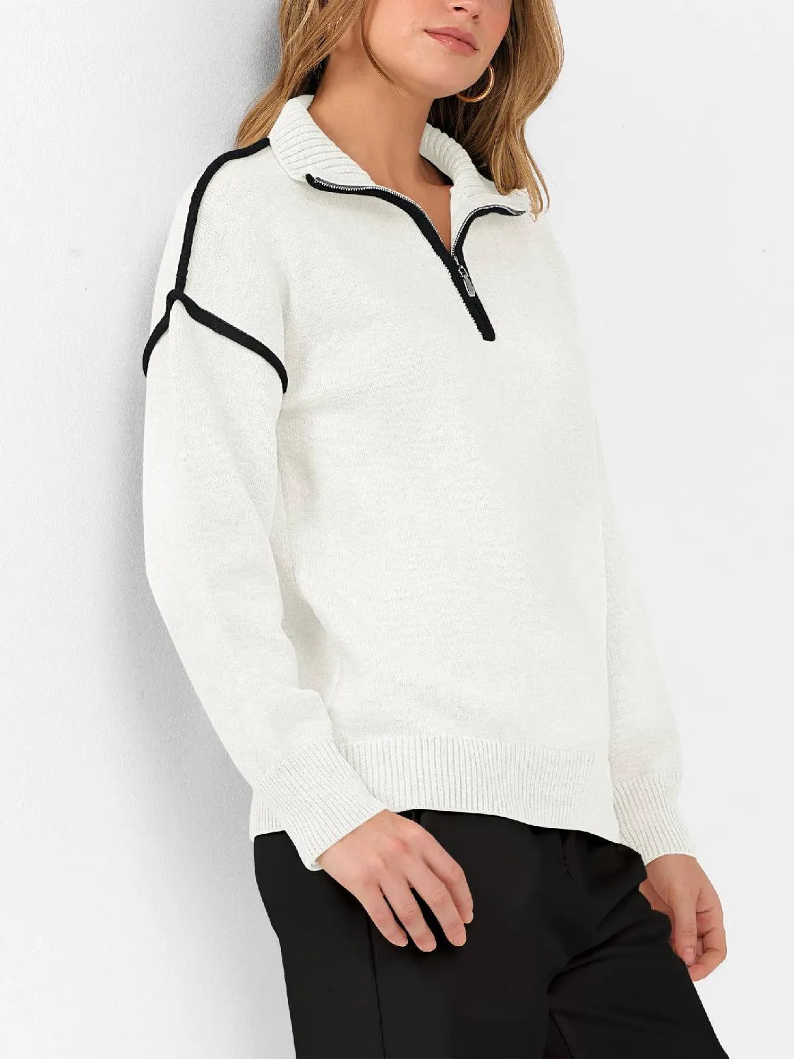 Womens Quarter Zip V Neck Collared Knit Pullover Sweatshirts
