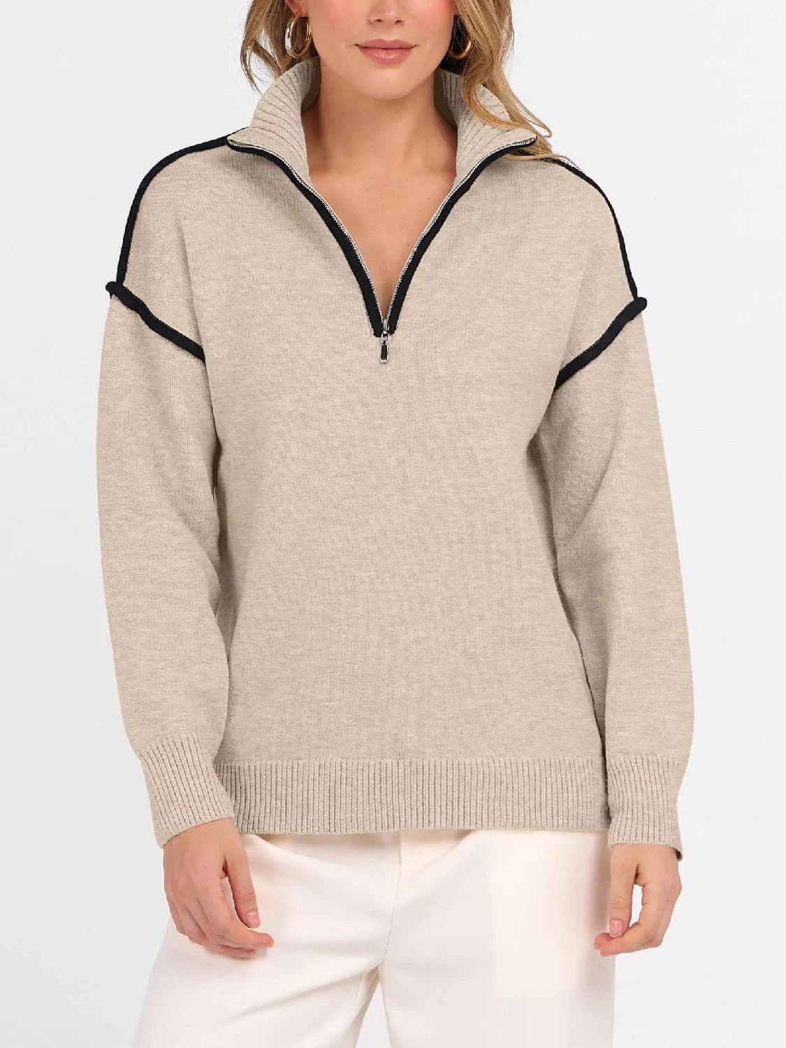 Womens Quarter Zip V Neck Collared Knit Pullover Sweatshirts