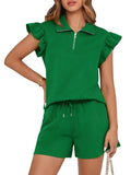 Women's Zipper V Neck Casual Ruffle Short Sleeve Tops and Drawstring Shorts 2 Piece Outfits