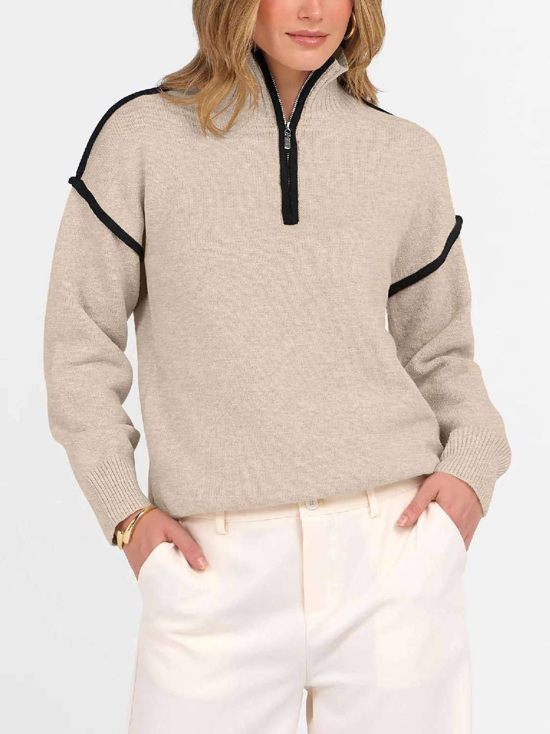Womens Quarter Zip V Neck Collared Knit Pullover Sweatshirts
