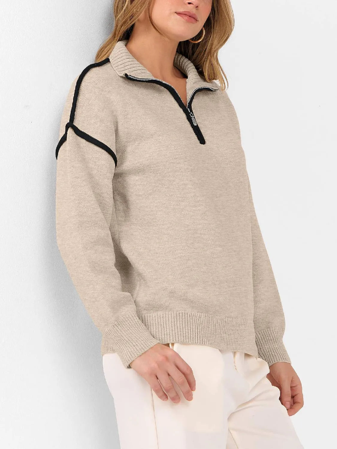 Womens Quarter Zip V Neck Collared Knit Pullover Sweatshirts