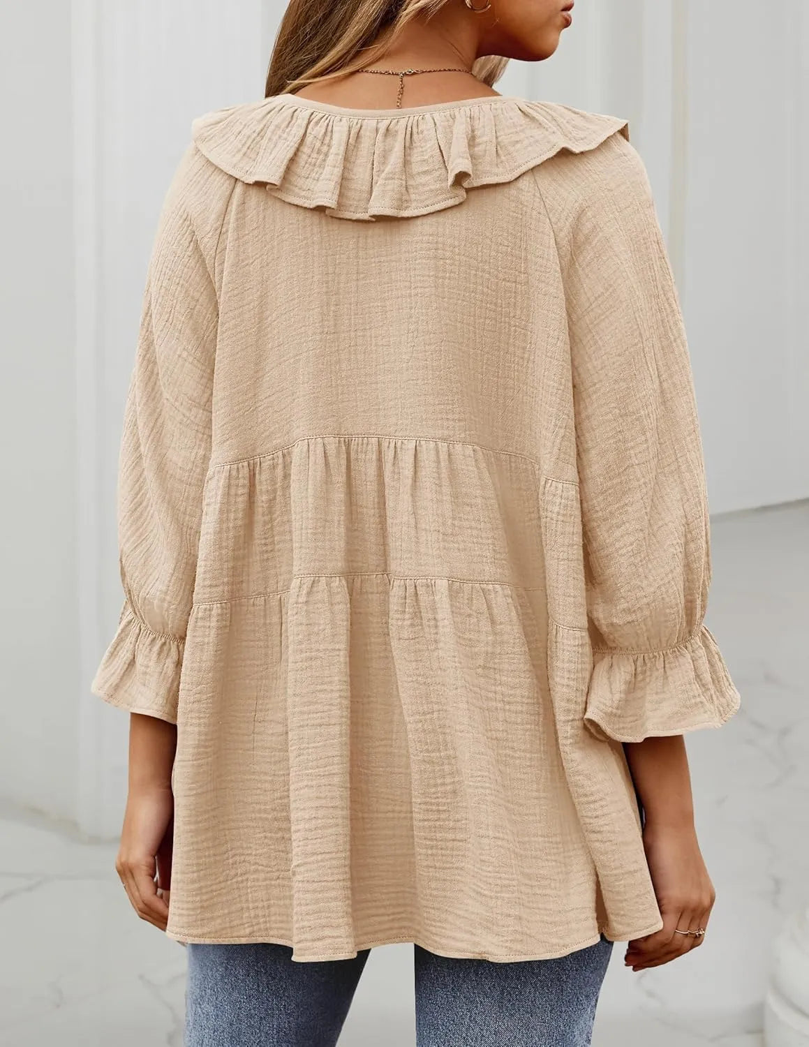⏰Hot Sale-3/4 Sleeve Scoop Neck Tie Front Ruffle Tiered Peplum Loose Blouse Tops