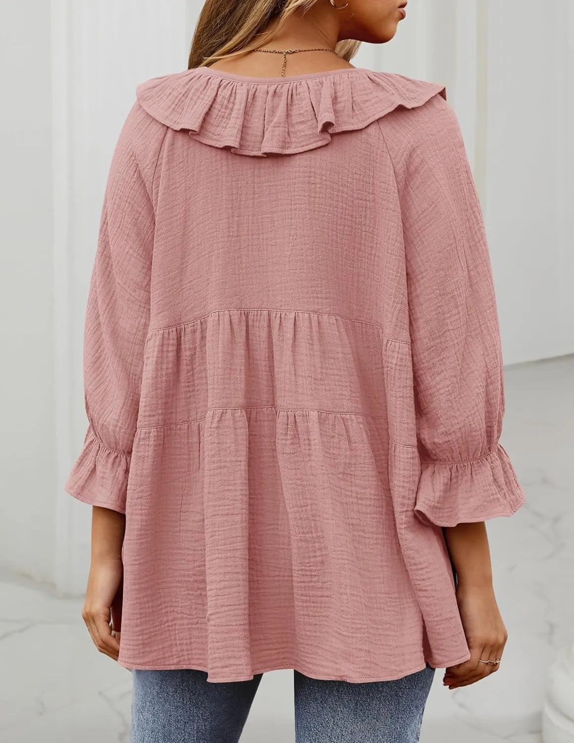 ⏰Hot Sale-3/4 Sleeve Scoop Neck Tie Front Ruffle Tiered Peplum Loose Blouse Tops