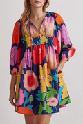 Vibrant Floral Print Babydoll Mini Dress - 3/4 Sleeve V-Neck Tie Front Swing Dress with Pockets
