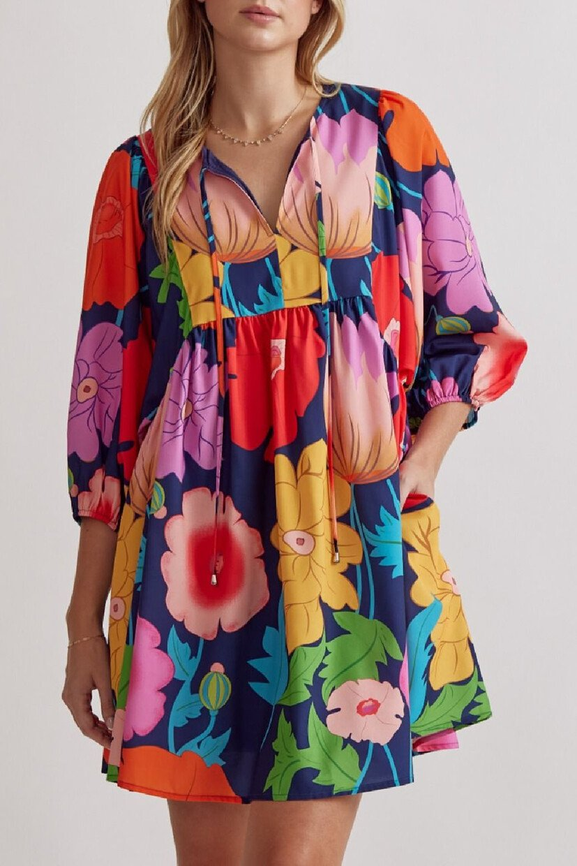 Vibrant Floral Print Babydoll Mini Dress - 3/4 Sleeve V-Neck Tie Front Swing Dress with Pockets