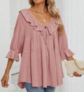 ⏰Hot Sale-3/4 Sleeve Scoop Neck Tie Front Ruffle Tiered Peplum Loose Blouse Tops