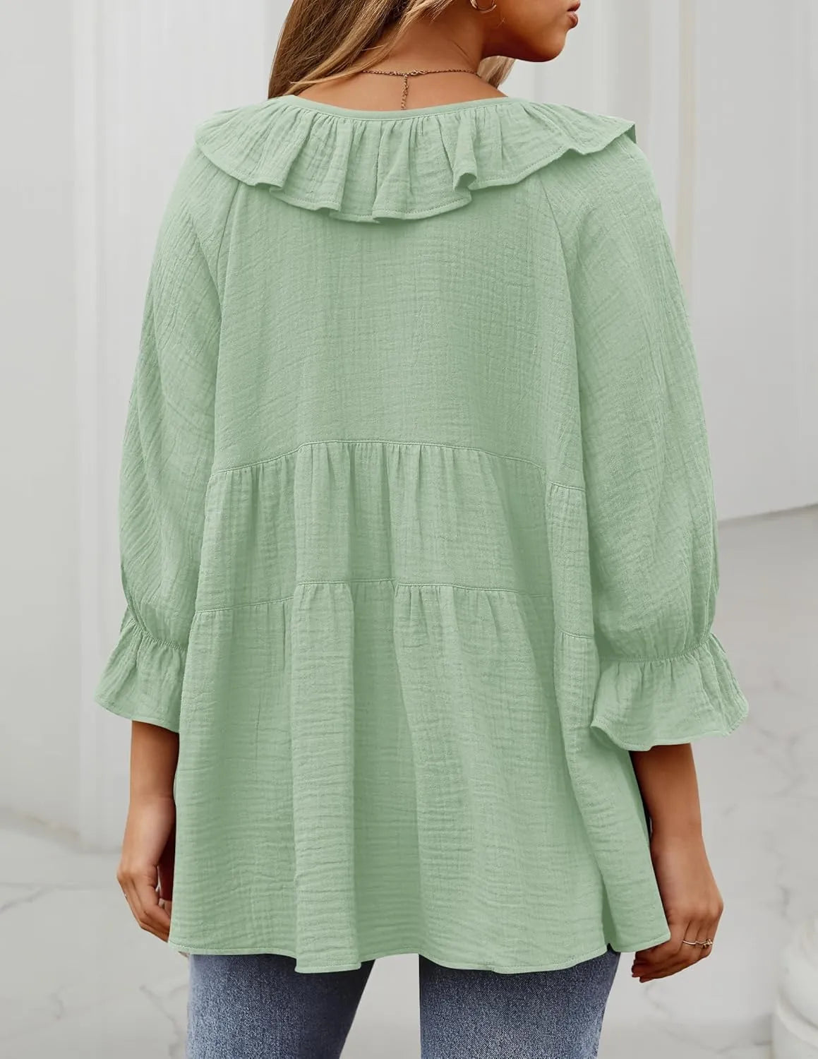 ⏰Hot Sale-3/4 Sleeve Scoop Neck Tie Front Ruffle Tiered Peplum Loose Blouse Tops