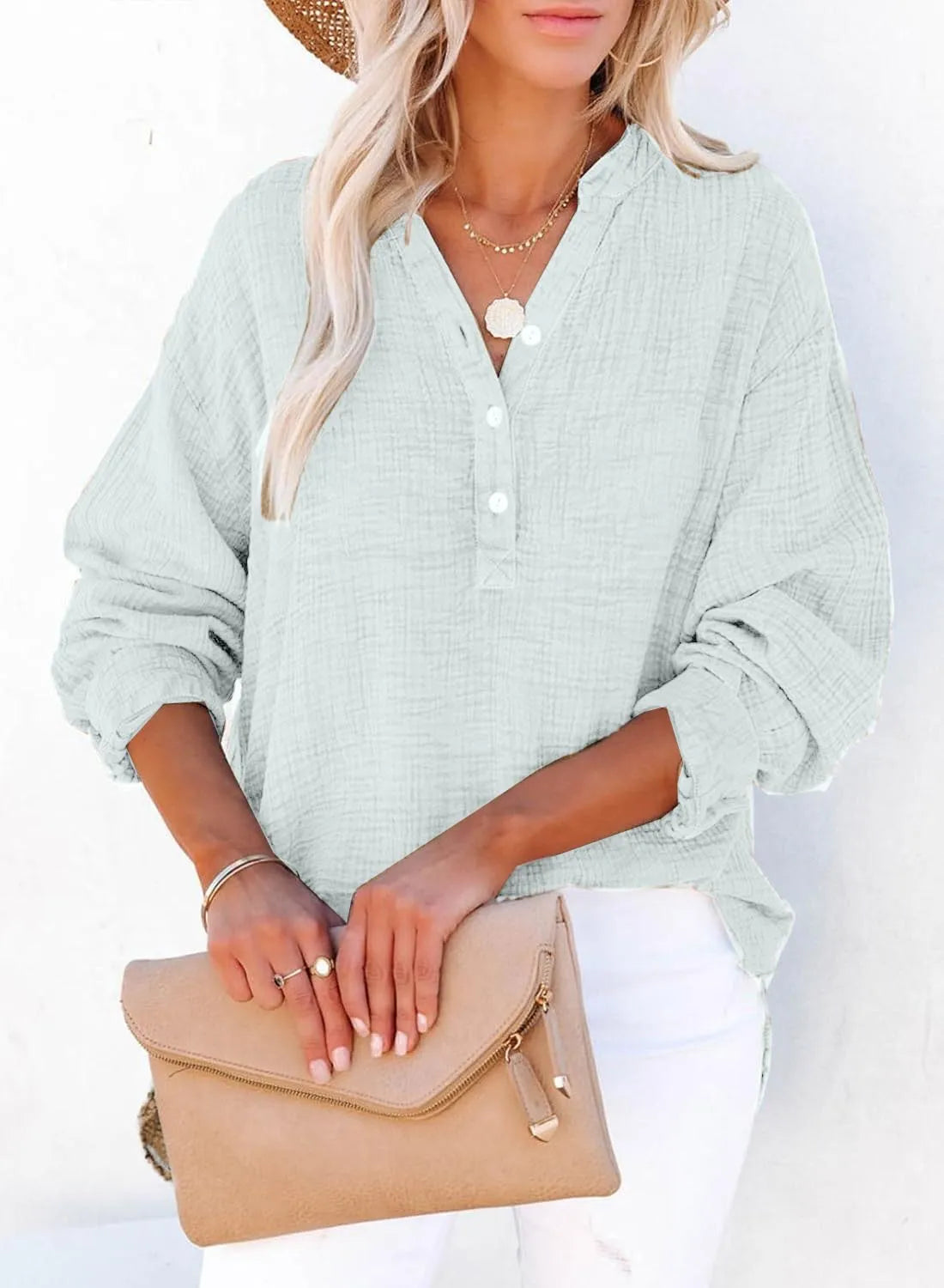 Womens Casual Gauze Button Neck Long Sleeve Oversized BlousesTops