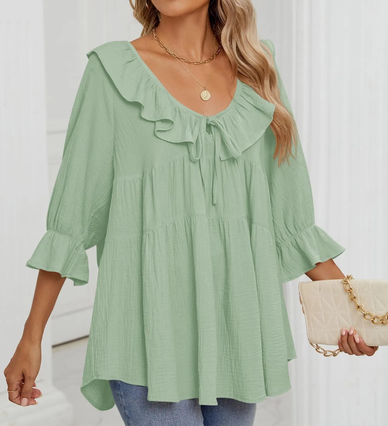 ⏰Hot Sale-3/4 Sleeve Scoop Neck Tie Front Ruffle Tiered Peplum Loose Blouse Tops