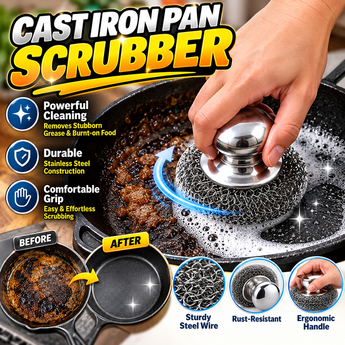Cast iron pan scrubber with rounded grip cleaning a pan