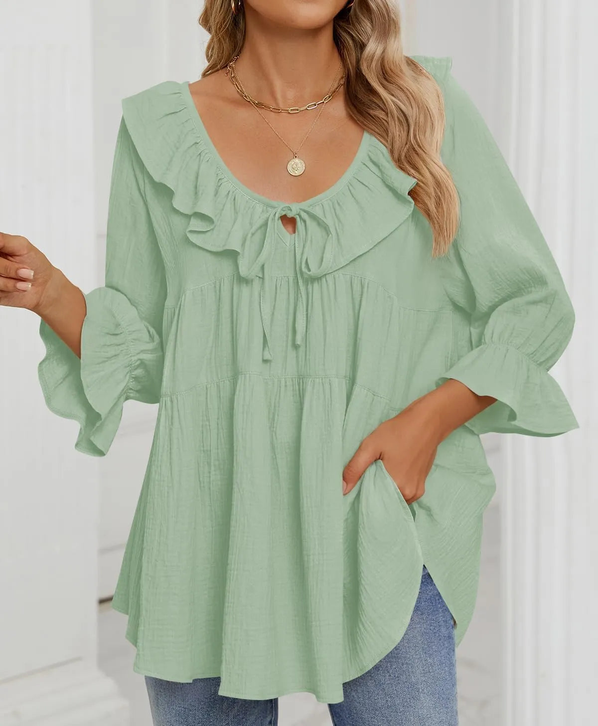 ⏰Hot Sale-3/4 Sleeve Scoop Neck Tie Front Ruffle Tiered Peplum Loose Blouse Tops