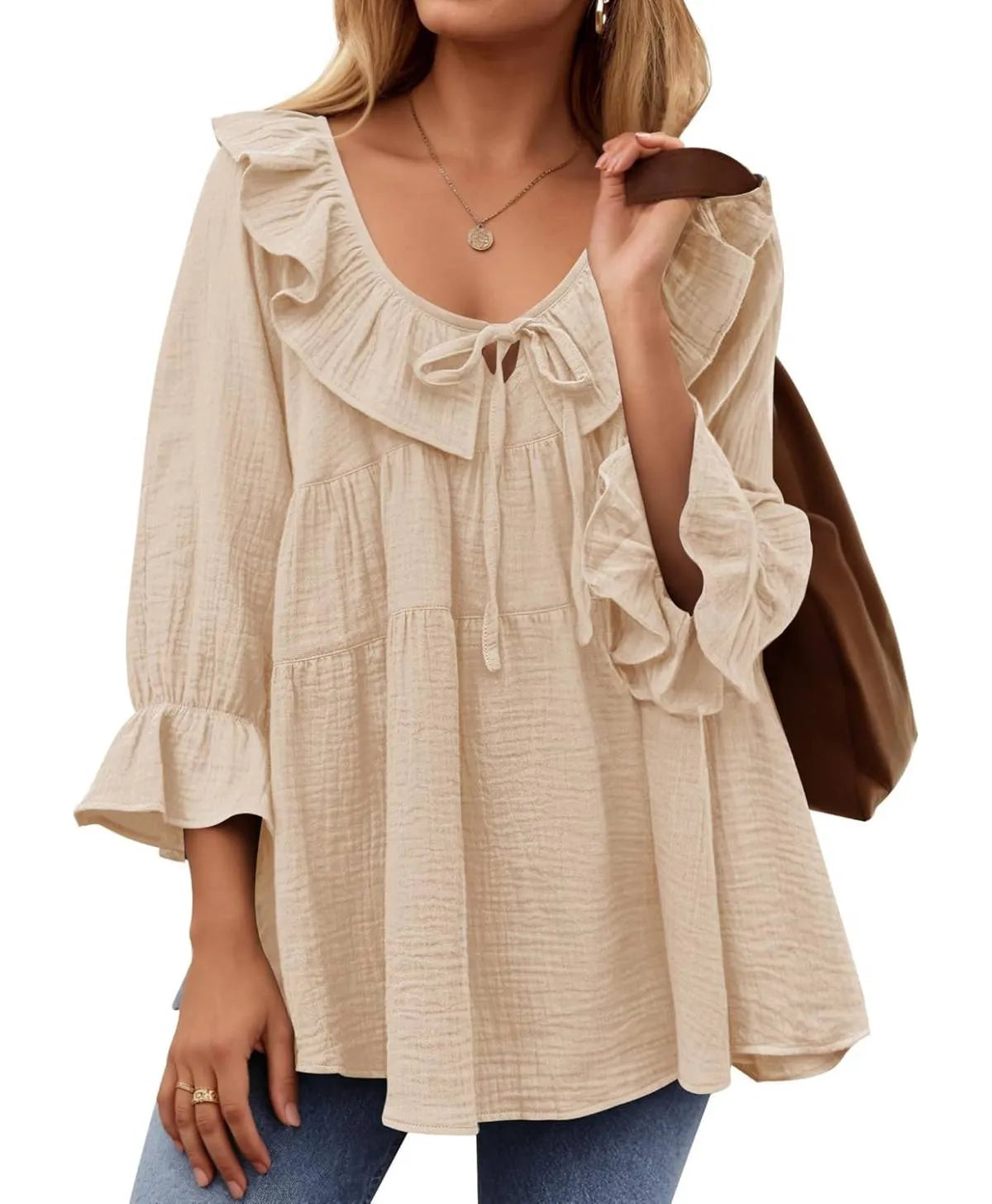 ⏰Hot Sale-3/4 Sleeve Scoop Neck Tie Front Ruffle Tiered Peplum Loose Blouse Tops
