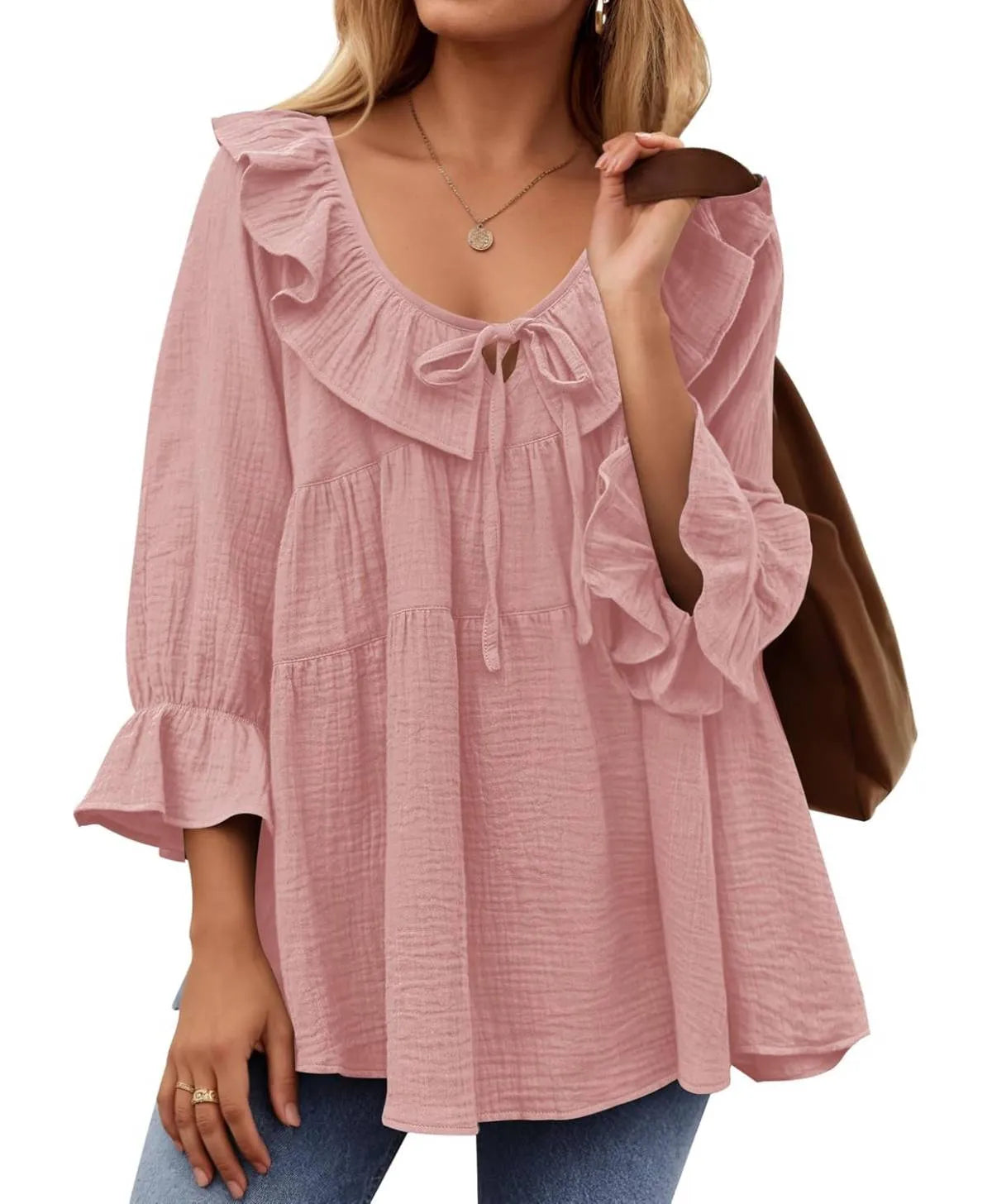 ⏰Hot Sale-3/4 Sleeve Scoop Neck Tie Front Ruffle Tiered Peplum Loose Blouse Tops