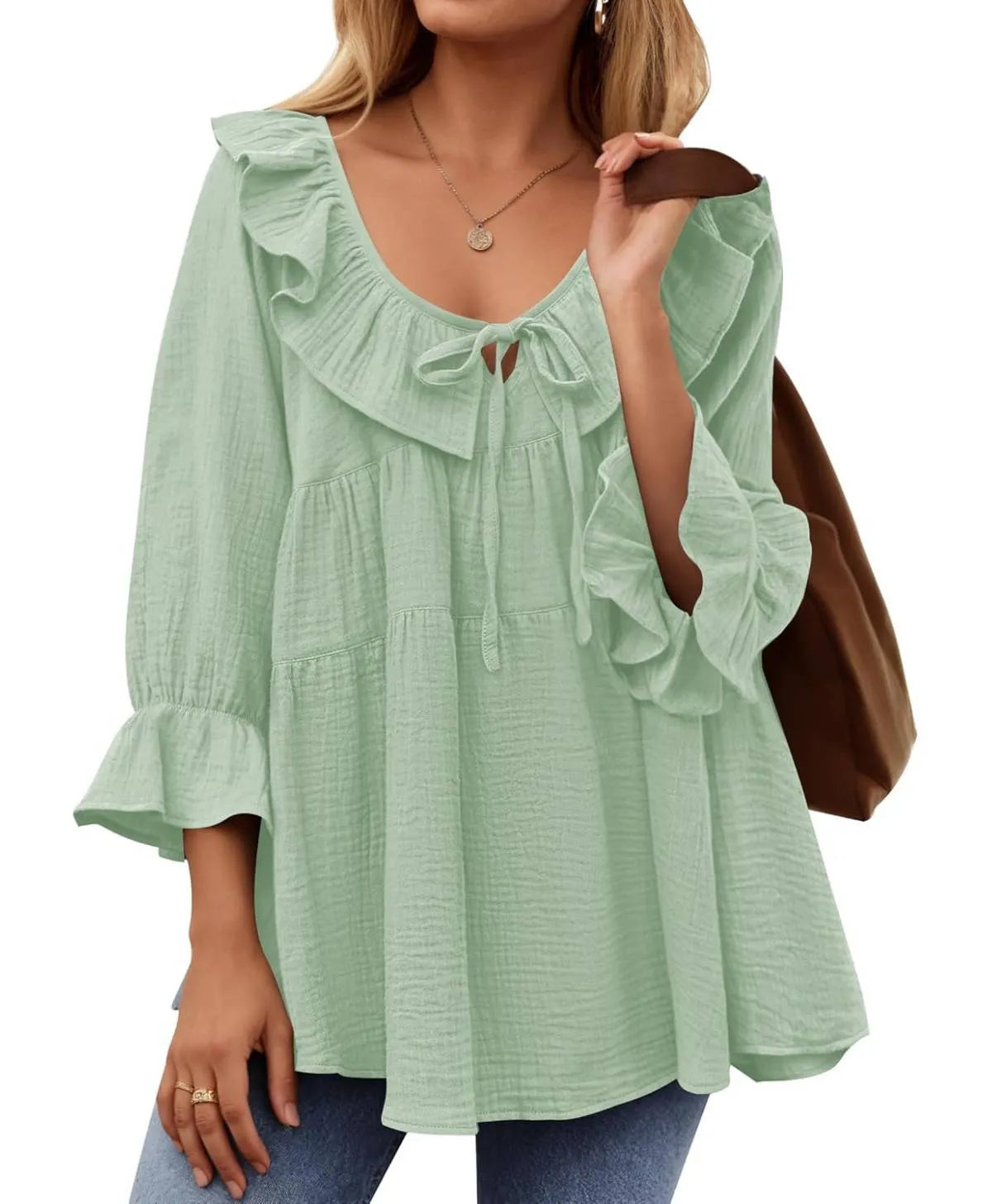 ⏰Hot Sale-3/4 Sleeve Scoop Neck Tie Front Ruffle Tiered Peplum Loose Blouse Tops