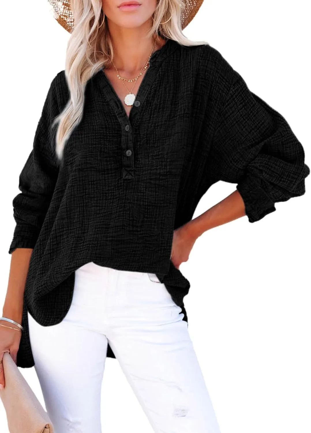 Womens Casual Gauze Button Neck Long Sleeve Oversized BlousesTops