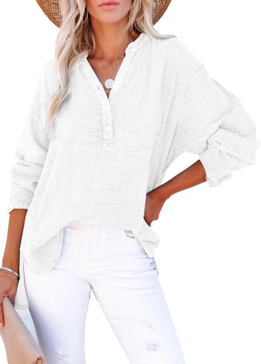 Womens Casual Gauze Button Neck Long Sleeve Oversized BlousesTops