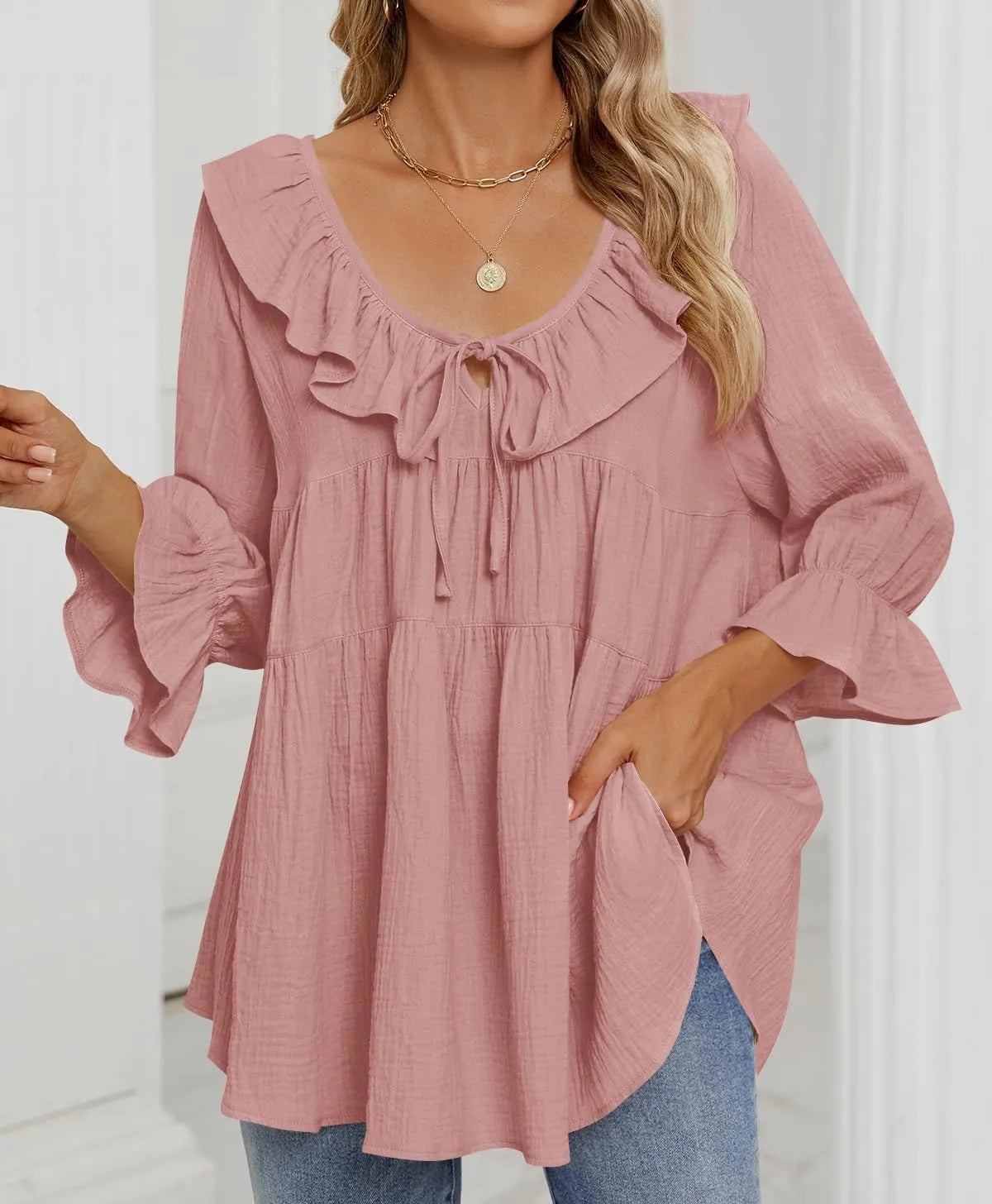 ⏰Hot Sale-3/4 Sleeve Scoop Neck Tie Front Ruffle Tiered Peplum Loose Blouse Tops