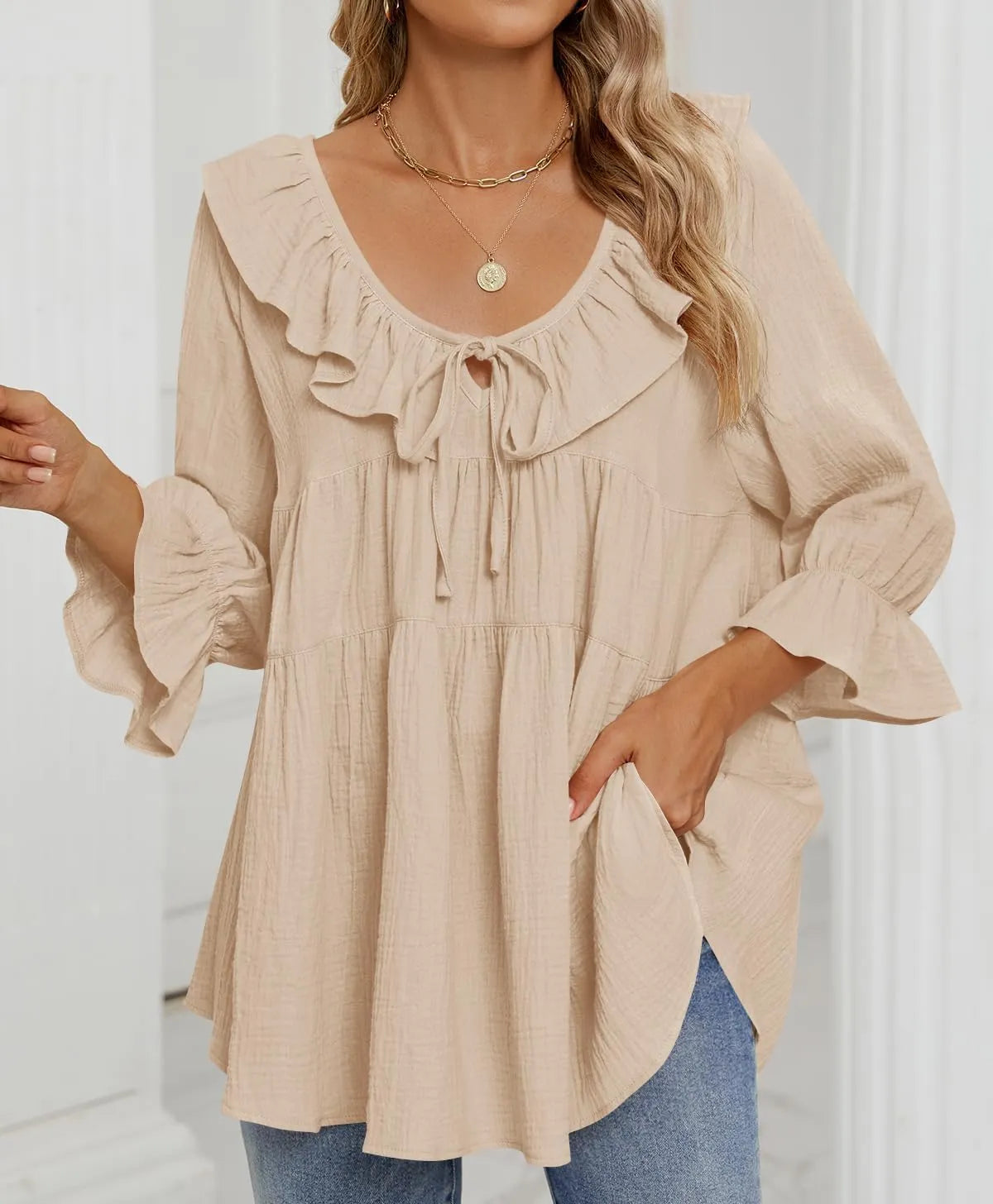 ⏰Hot Sale-3/4 Sleeve Scoop Neck Tie Front Ruffle Tiered Peplum Loose Blouse Tops