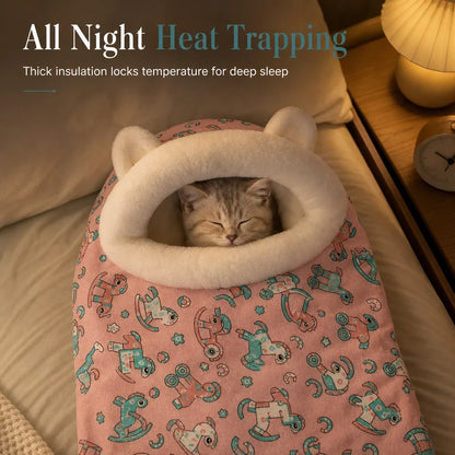 🐱🛏️semi-enclosed Hooded Pet Sleeping Bag Cave Bed | Draft-blocking, Cozy Indoor Winter Rest Spot📦