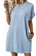 Light Blue Textured Casual T-Shirt Dress with Pockets