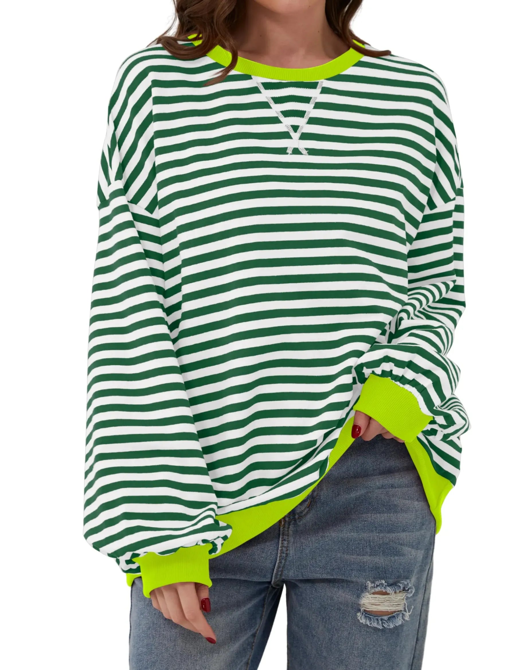 Womens Oversized Striped Sweatshirt Crewneck Long Sleeve Pullover Top