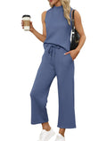New Women's Mock Neck Tops Wide Leg Crop Pants Two Piece Sets